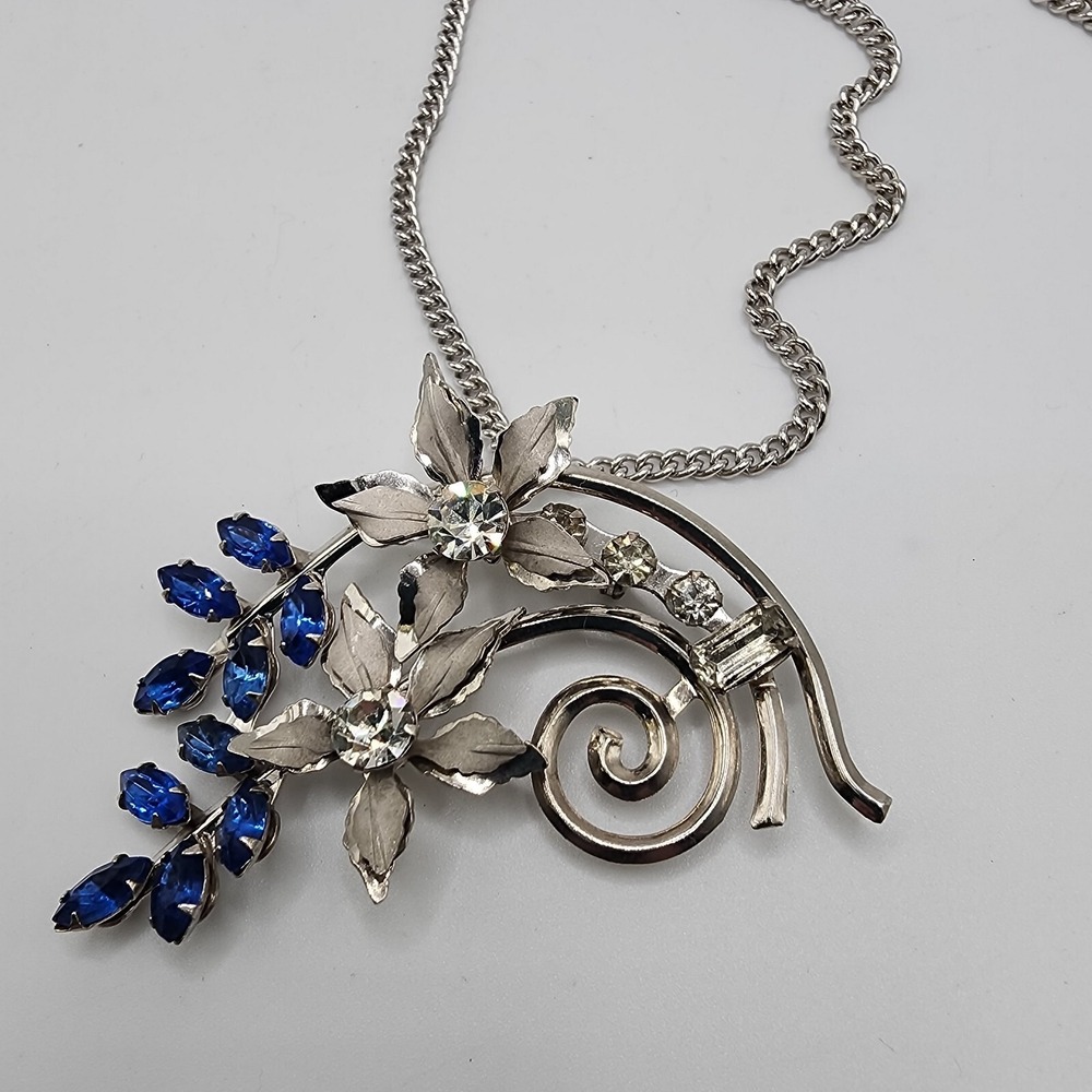 Cobalt Blue Rhinestone Floral Spray Silver Tone Pendant Brooch Retro Statement - Picture 10 of 16